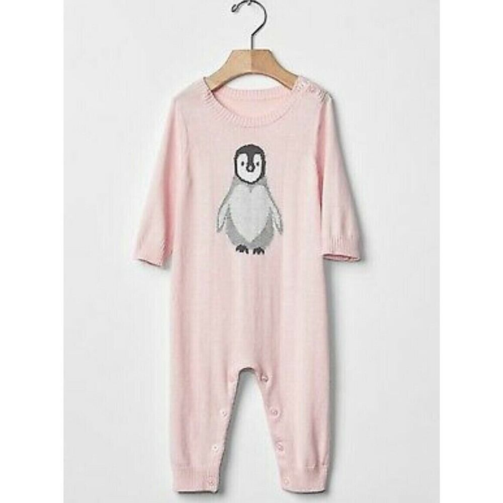BABY GAP Girls Pink Penguin Sweater Knit One-Piece Outfit Coverall SOFT Cozy 0-3